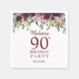 90e verjaardag Burgundy Marsala Floral Party Servet