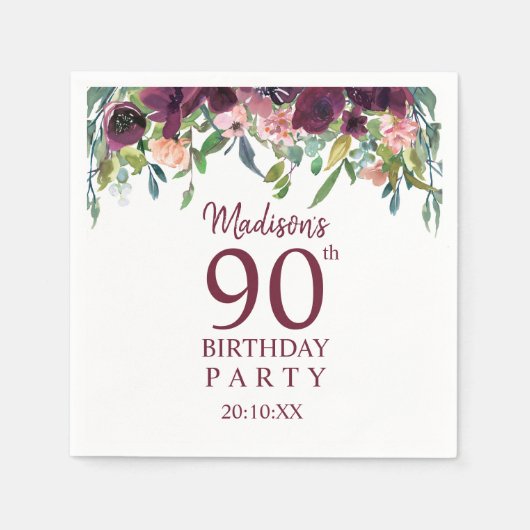 90e verjaardag | Burgundy Marsala Floral Party Servet (Voorkant)