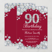 90e verjaardag Burgundy Red en Silver Diamond Kaart (Voorkant / Achterkant)