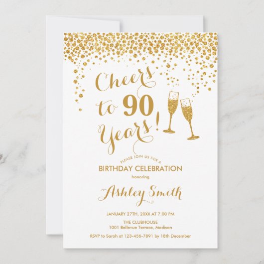 90e verjaardag - Cheers tot 90 jaar Gold White Kaart (Voorkant)