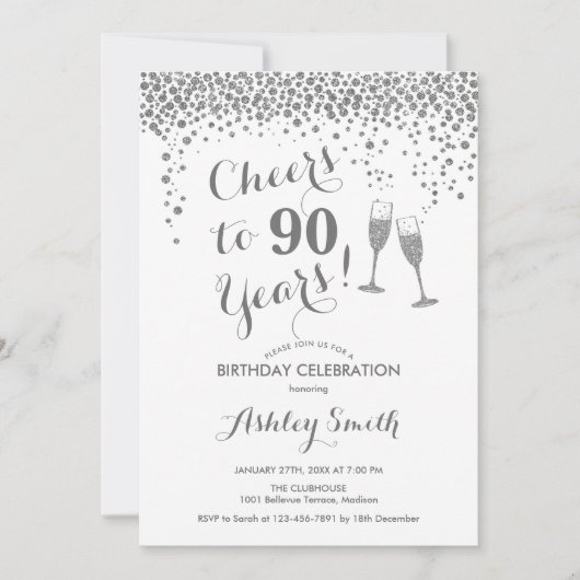 90e verjaardag - Cheers tot 90 jaar zilverwit Kaart (Voorkant)
