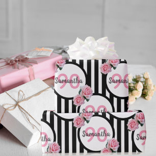90e verjaardag chic roze rozen zwarte witte strepe cadeaupapier