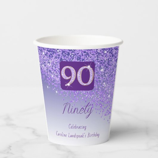 90e verjaardag Classy Falling Paarse Glitter Papieren Bekers (Voorkant)