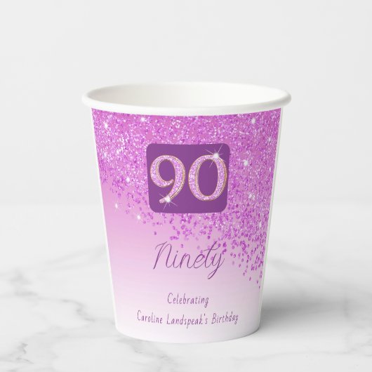 90e verjaardag Classy Falling Pink Glitter Papieren Bekers (Achterkant)