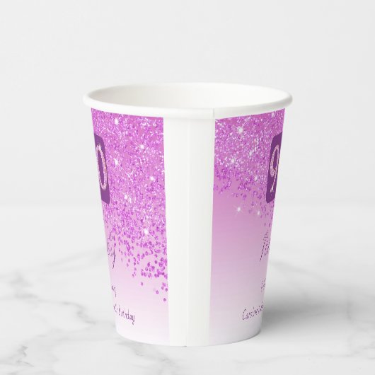90e verjaardag Classy Falling Pink Glitter Papieren Bekers (Rechts)