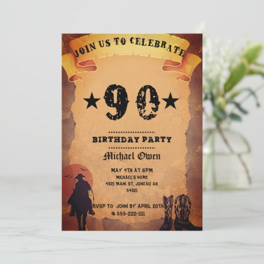 90e verjaardag cowboy oud papier paardrijden parti kaart (Staand voorkant)