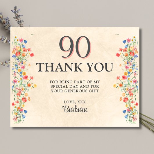 90e verjaardag Dank Wildbloem Elegant Feest Bedankkaart