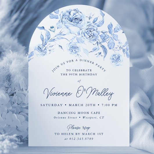 90e verjaardag Dinner Party Blue Floral Arch Kaart