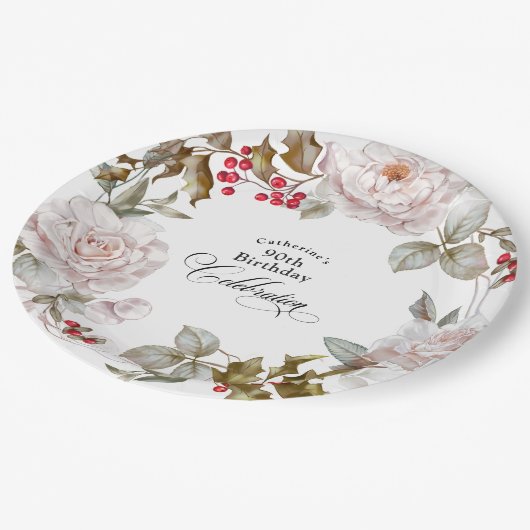 90e verjaardag Elegant December Bloemen Papieren Bordje (Gekanteld)