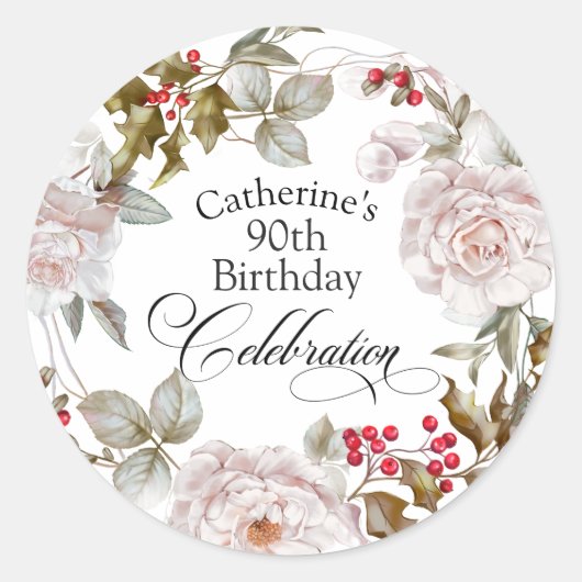 90e verjaardag Elegant December Bloemen Ronde Sticker (Voorkant)