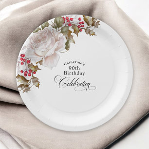 90e verjaardag Elegant December Winter Bloemen Papieren Bordje
