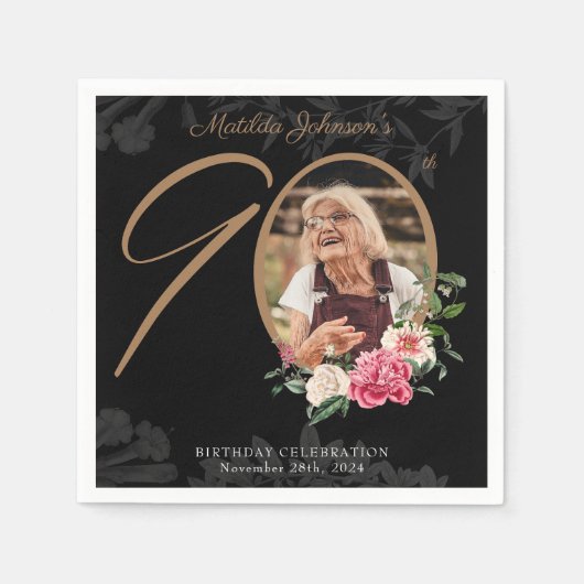 90e verjaardag Elegant Floral Black Gold Custom Servet (Voorkant)