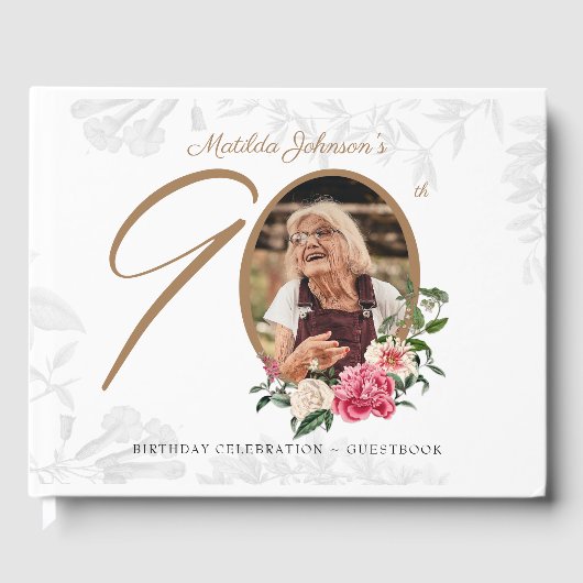 90e verjaardag Elegant Floral botanische foto Gastenboek (Voorkant)