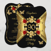 90e verjaardag Elegant Gold Red Roses Black Kaart (Voorkant / Achterkant)