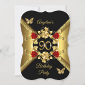 90e verjaardag Elegant Gold Red Roses Black Kaart (Voorkant)