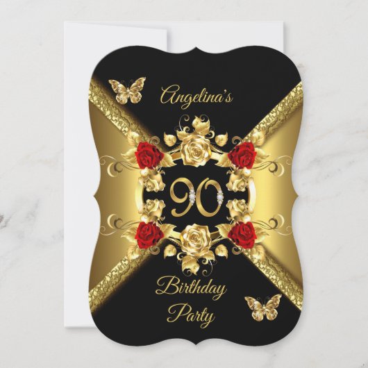 90e verjaardag Elegant Gold Red Roses Black Kaart (Voorkant)