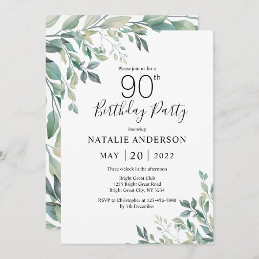 90e verjaardag Elegant Green Eucalyptus Greenery Kaart (Voorkant / Achterkant)