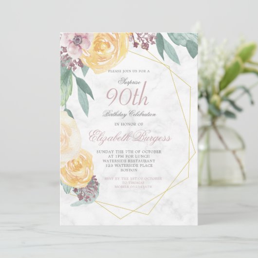 90e verjaardag Elegant Pink Marble Floral Chic Kaart (Staand voorkant)