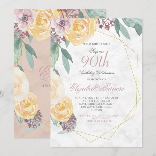 90e verjaardag Elegant Pink Marble Floral Chic Kaart (Voorkant / Achterkant)