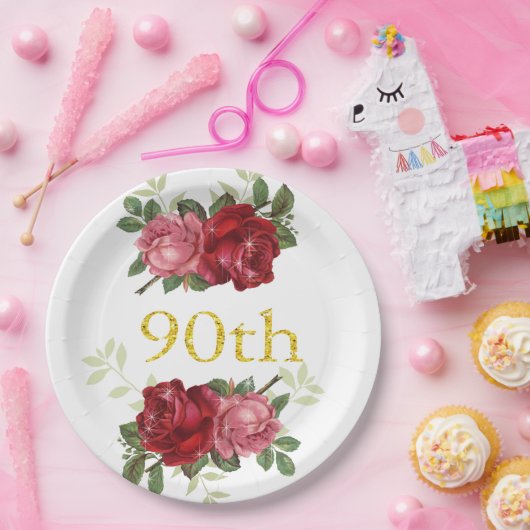 90e verjaardag, Elegant, Rode  Rozen, Aangepast Papieren Bordje (Feest)