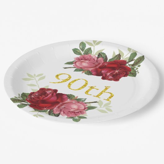 90e verjaardag, Elegant, Rode  Rozen, Aangepast Papieren Bordje (Gekanteld)