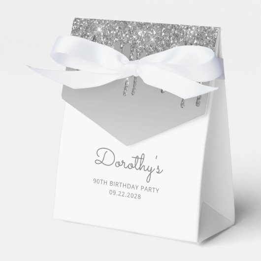 90e verjaardag Elegant Silver Glitter Drip Script Bedankdoosjes (Voorkant Zijde)