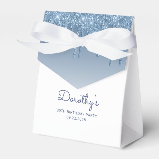 90e verjaardag Elegante Blauwe Glitter Drip Script Bedankdoosjes (Voorkant Zijde)
