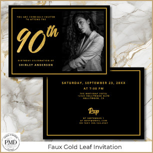 90e verjaardag Elegante foto Black Faux Gold Leaf Kaart