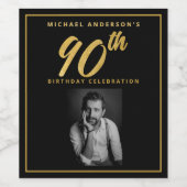 90e verjaardag Elegante foto Zwart Goud Wijnlabel Wijn Etiket (Enkel label)