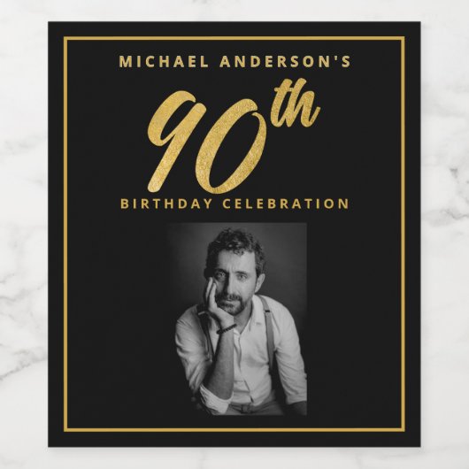 90e verjaardag Elegante foto Zwart Goud Wijnlabel Wijn Etiket (Enkel label)