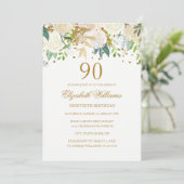 90e verjaardag Elegante gouden bloemen uitnodiging (Staand voorkant)