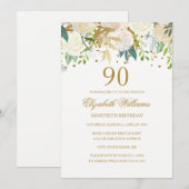 90e verjaardag Elegante gouden bloemen uitnodiging (Voorkant / Achterkant)