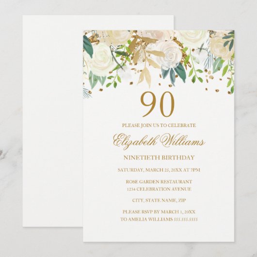 90e verjaardag Elegante gouden bloemen uitnodiging (Voorkant / Achterkant)