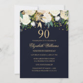 90e verjaardag Elegante Navy Gold Bloemen Uitnodig Kaart (Voorkant)
