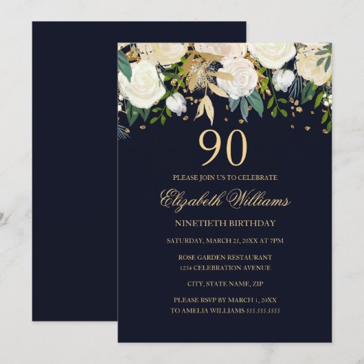 90e verjaardag Elegante Navy Gold Bloemen Uitnodig Kaart (Voorkant / Achterkant)