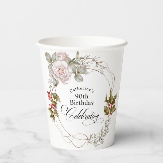 90e verjaardag Elegante vrouwelijke bloem december Papieren Bekers (Achterkant)