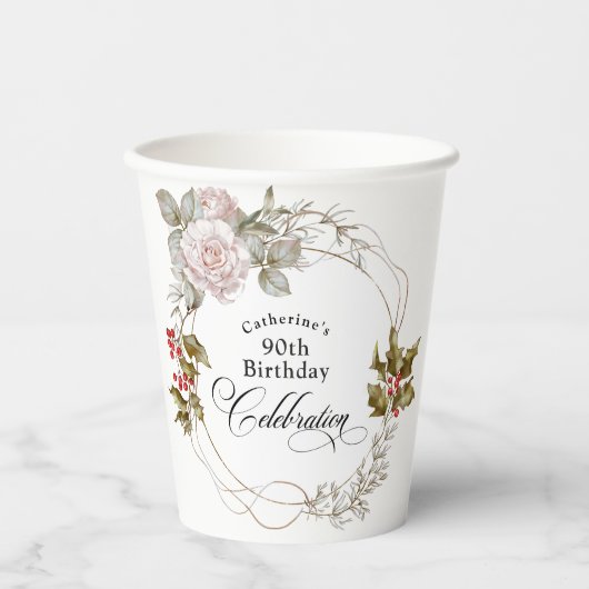 90e verjaardag Elegante vrouwelijke bloem december Papieren Bekers (Voorkant)