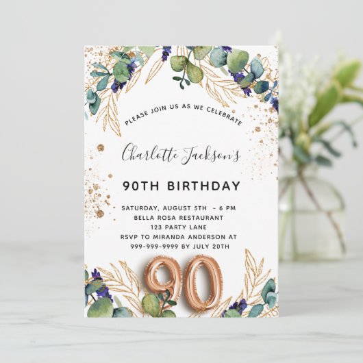 90e verjaardag eucalyptus greenery glitter elegant kaart (Staand voorkant)