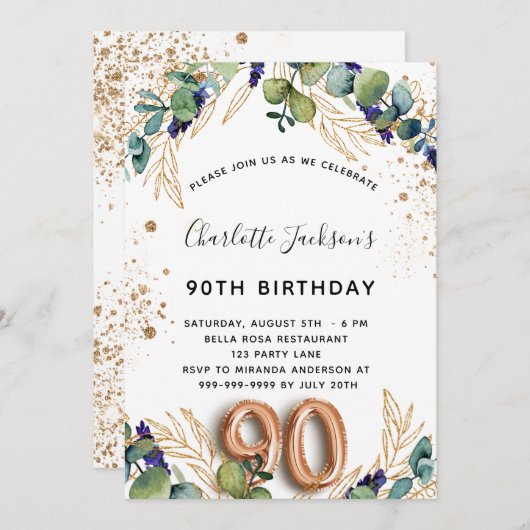 90e verjaardag eucalyptus greenery glitter elegant kaart (Voorkant / Achterkant)