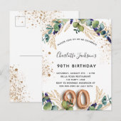 90e verjaardag eucalyptus greenery glitter elegant uitnodiging briefkaart (Voorkant / Achterkant)