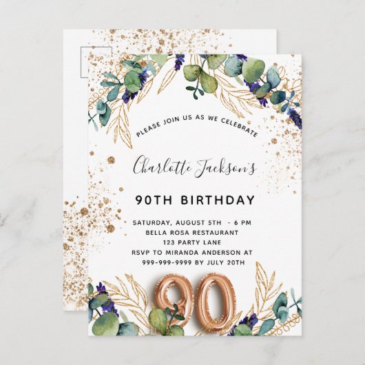 90e verjaardag eucalyptus greenery glitter elegant uitnodiging briefkaart (Voorkant / Achterkant)
