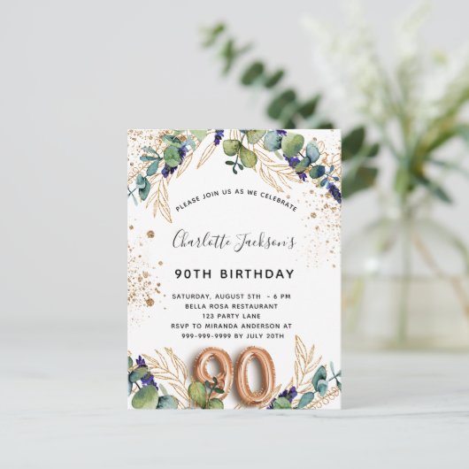 90e verjaardag eucalyptus greenery glitter elegant uitnodiging briefkaart (Staand voorkant)