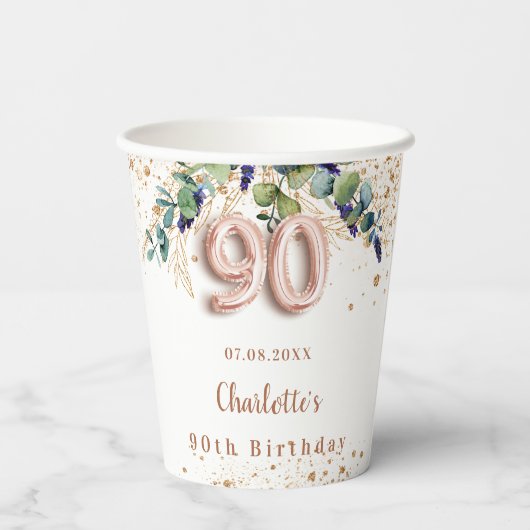 90e verjaardag eucalyptus greenery glitter name papieren bekers (Achterkant)
