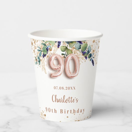 90e verjaardag eucalyptus greenery glitter name papieren bekers (Voorkant)
