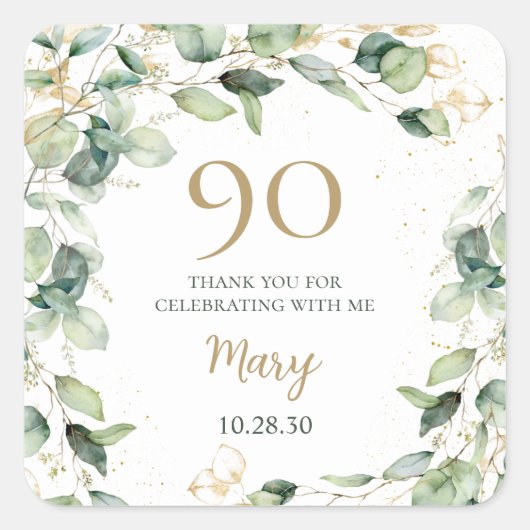 90e verjaardag Eucalyptus Hartelijk dank Vierkante Sticker (Voorkant)