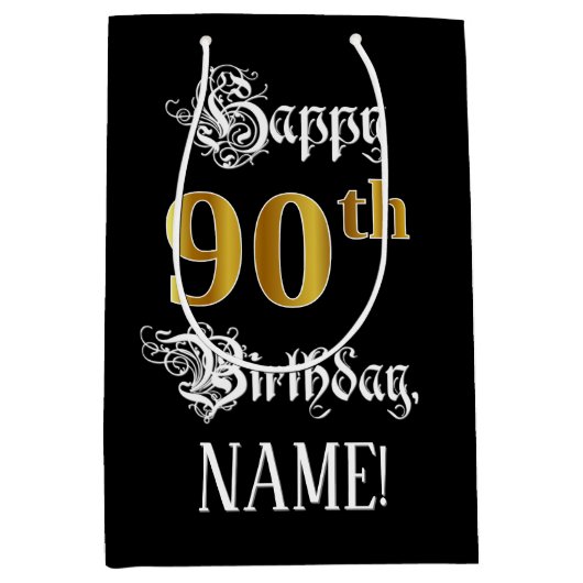 90e verjaardag ~ Fancy script; Faux Gold look; naa Medium Cadeauzakje (Voorkant)