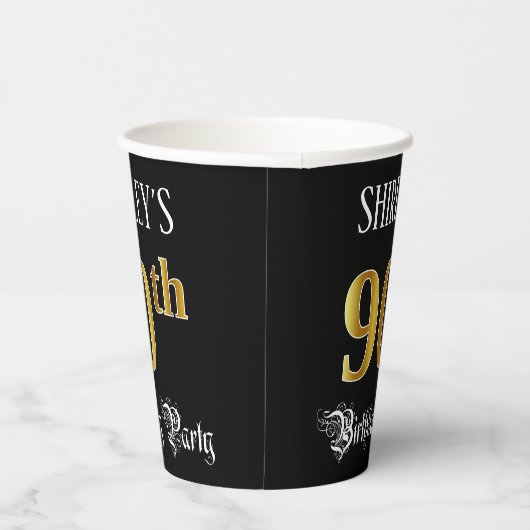90e verjaardag — Fancy script, Faux Gold look Papieren Bekers (Rechts)