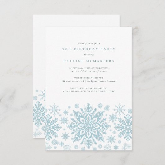 90e Verjaardag Feest Blauw Wit Sneeuwvlok Winter Kaart (Voorkant / Achterkant)