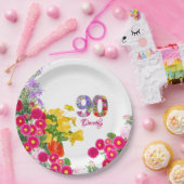 90e Verjaardag Feest Bloemen Modern 90 jaar Papieren Bordje (Feest)