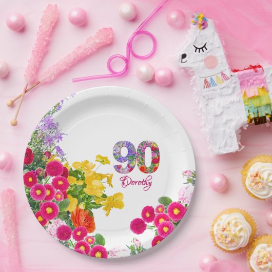 90e Verjaardag Feest Bloemen Modern 90 jaar Papieren Bordje (Feest)